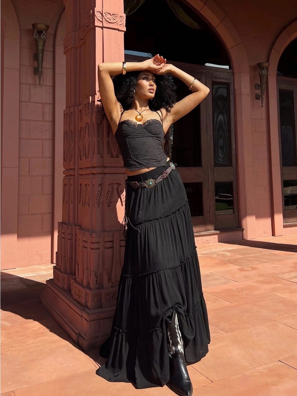 PRINCESS POLLY Black Miriah Tiered Boho Flowy Maxi Skirt Size 2